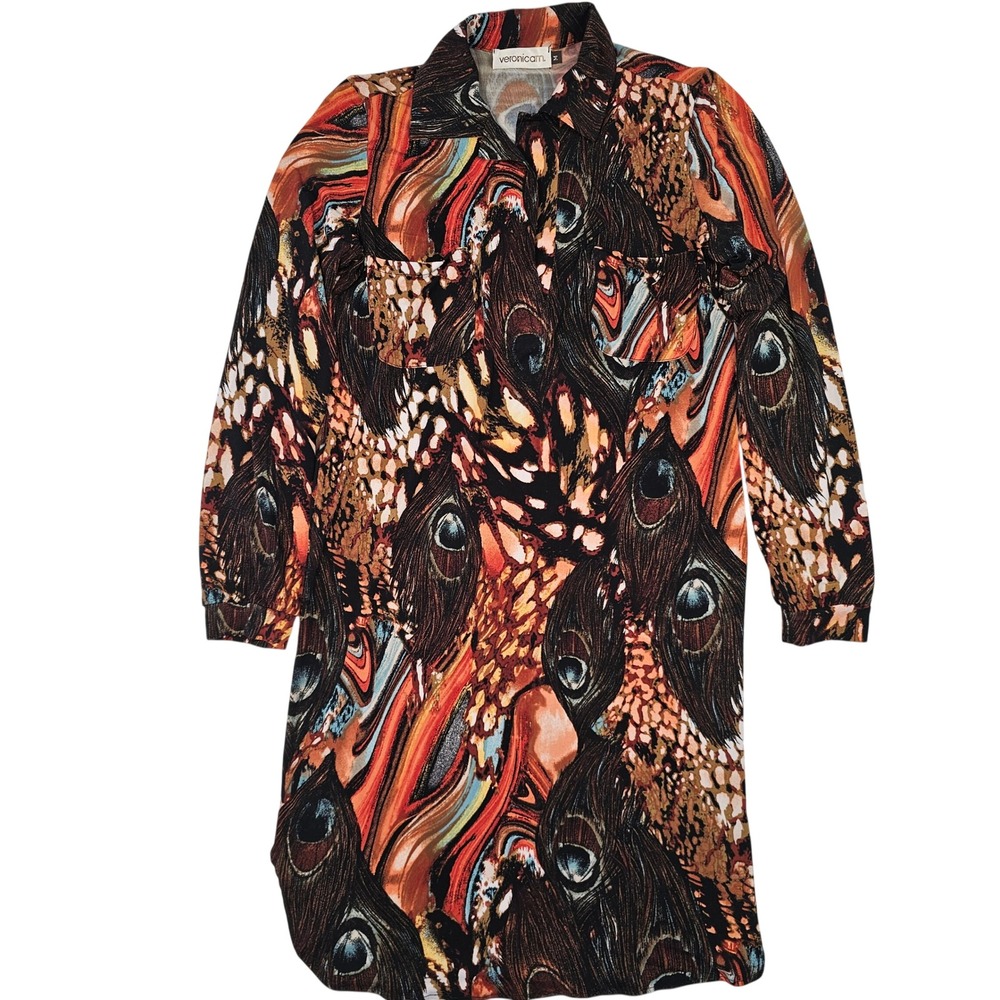 Veronicam Peacock Animal Print Shirt Dress Orange Brown‎ Blue Long Sleeve Medium